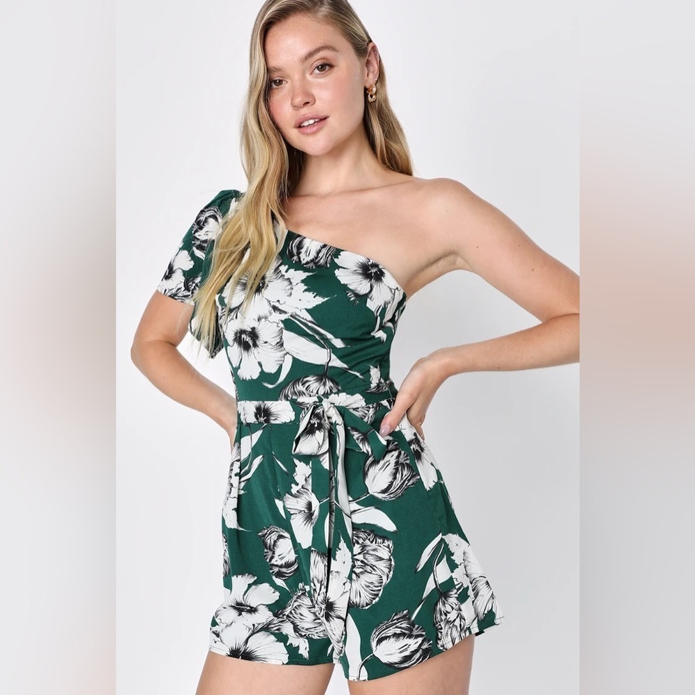 Lulus Flawless Moments Green Floral Print One-Shoulder Romper